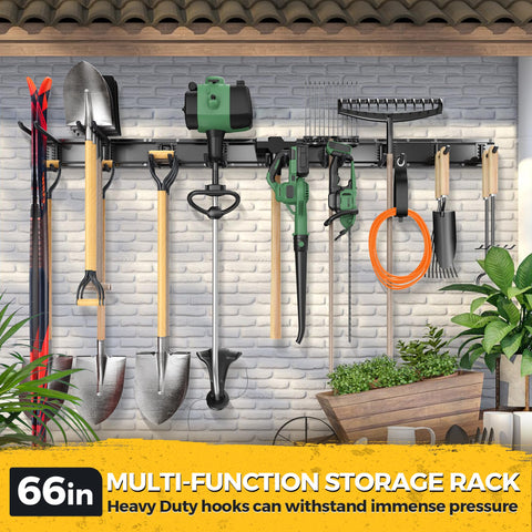 LBT garden tool organizer in garage showcases space-saving storage.