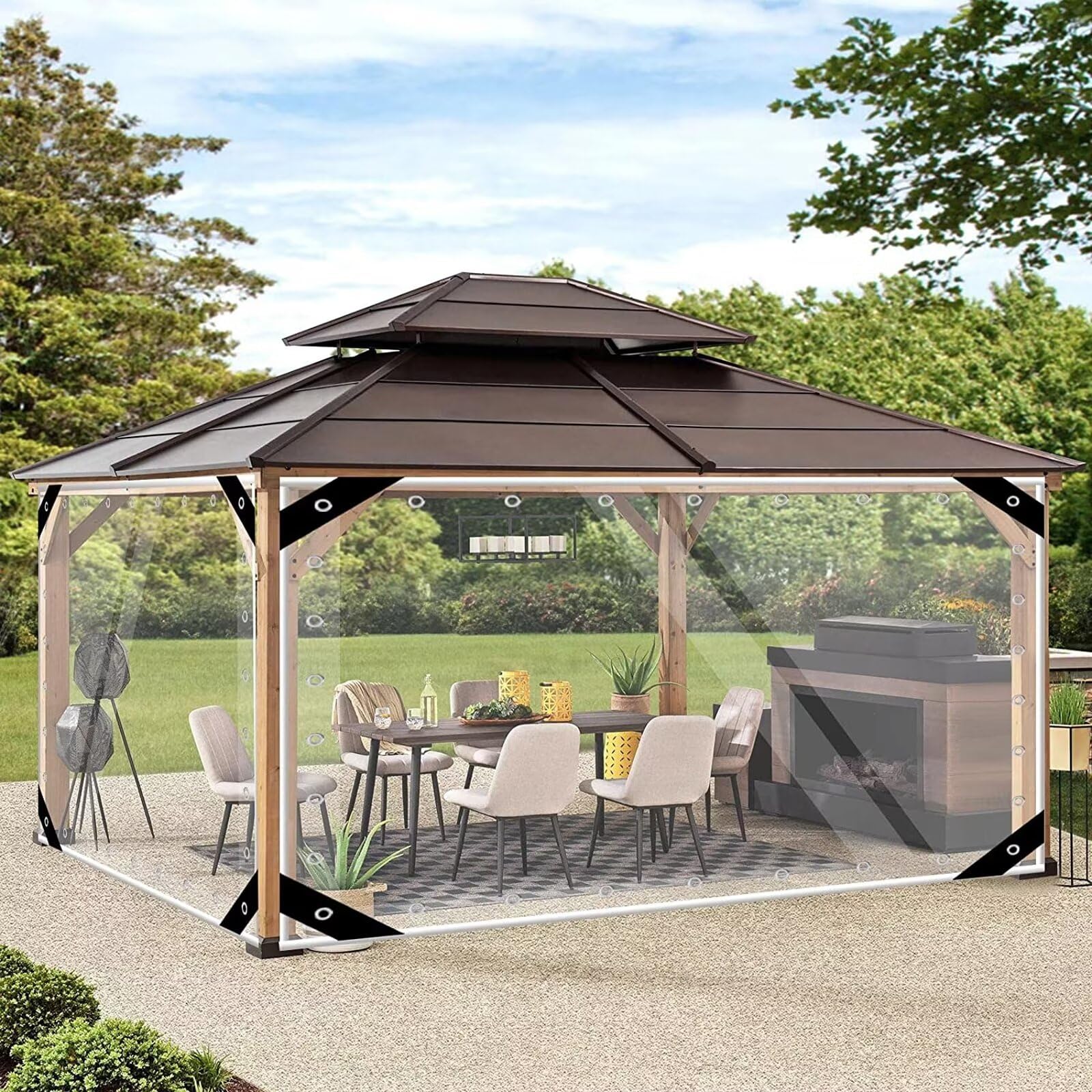 LCKFFYD Clear Tarp with grommets emphasizes reinforced edges for wind resistance.