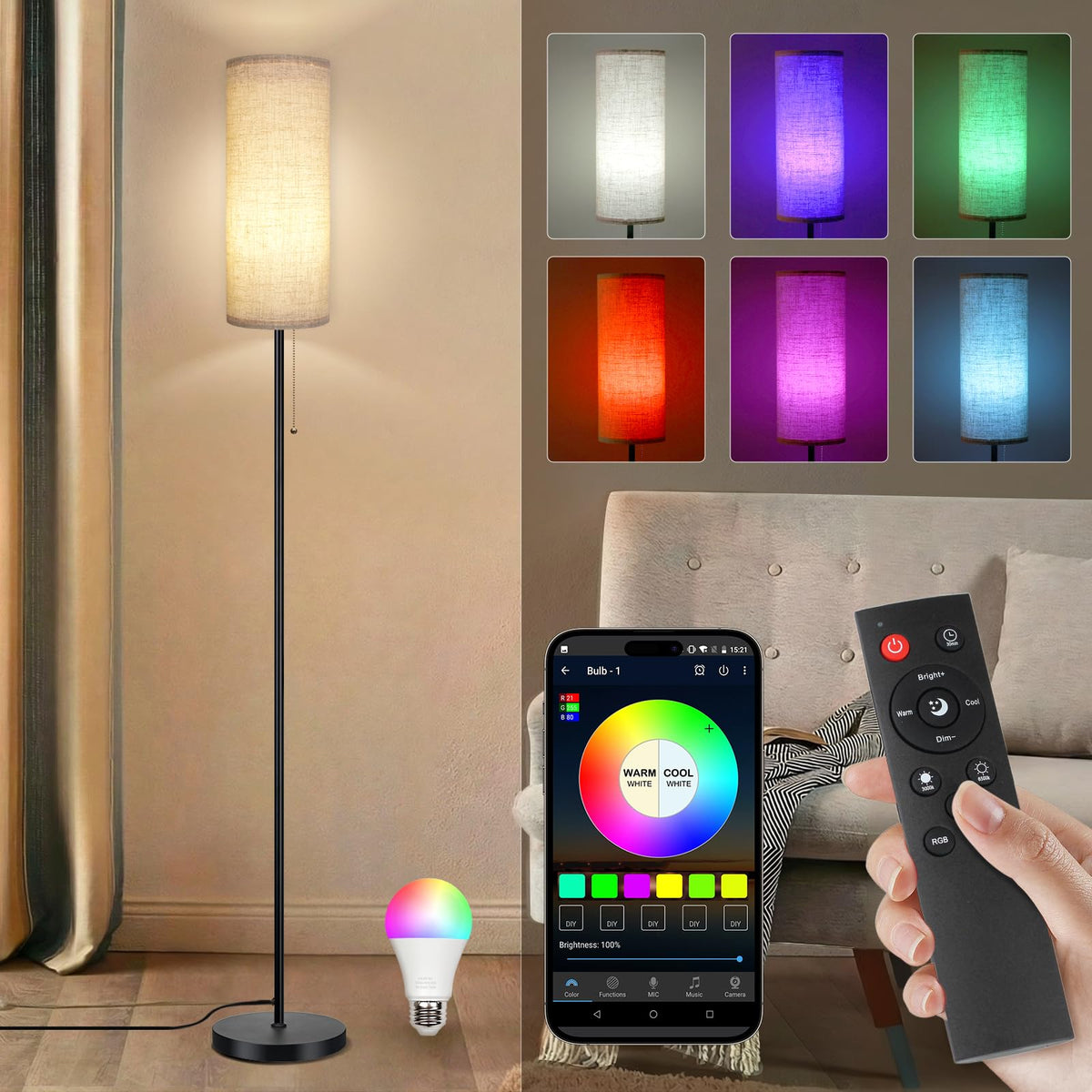 Ldeco floor lamp in living room with beige shade and RGB bulb for cozy ambiance