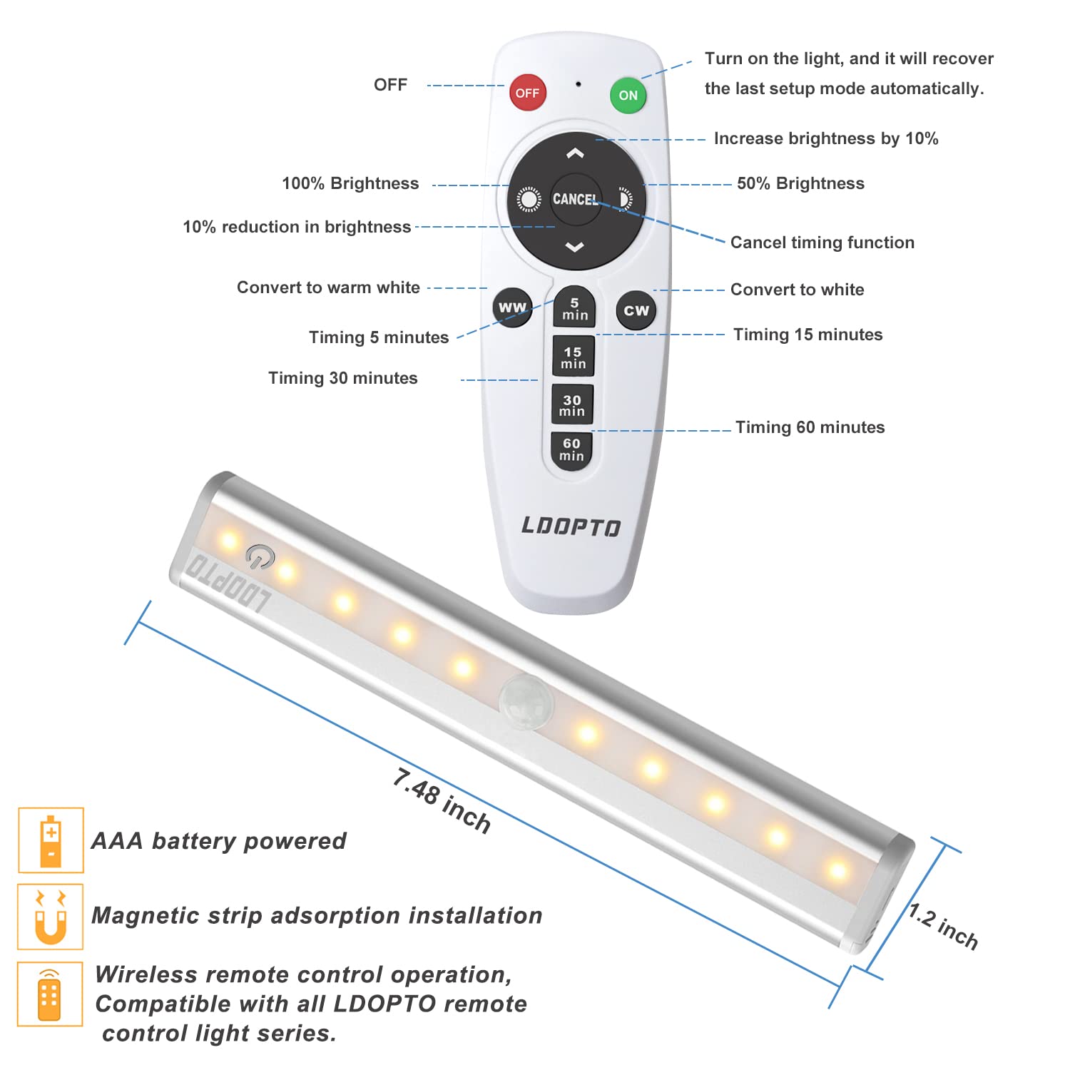 LDOPTO three-pack under-cabinet lights mounted with magnets for discreet lighting.
