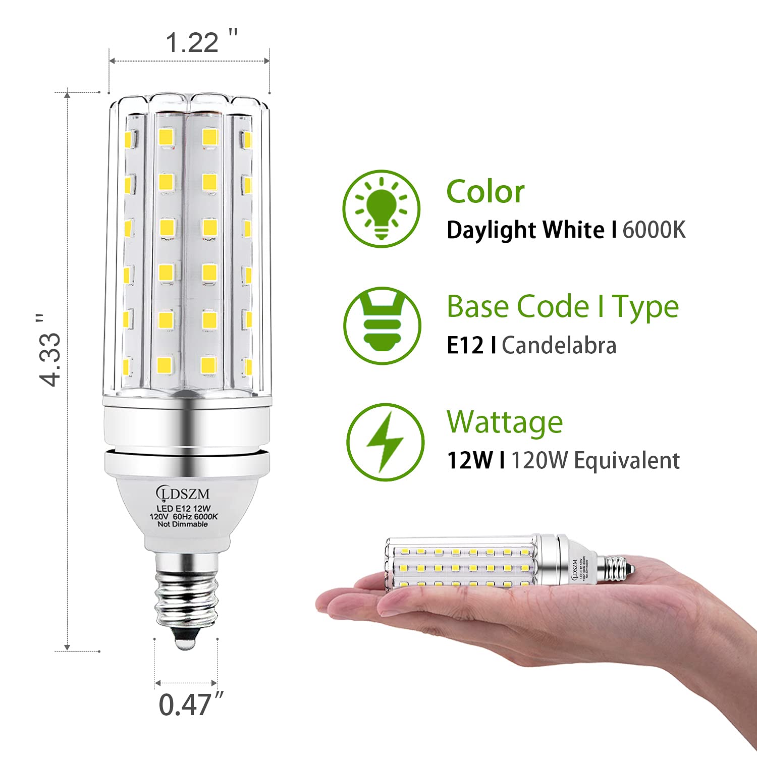 LDSZM E12 LED corn bulb wide shot showing chandelier compatibility.