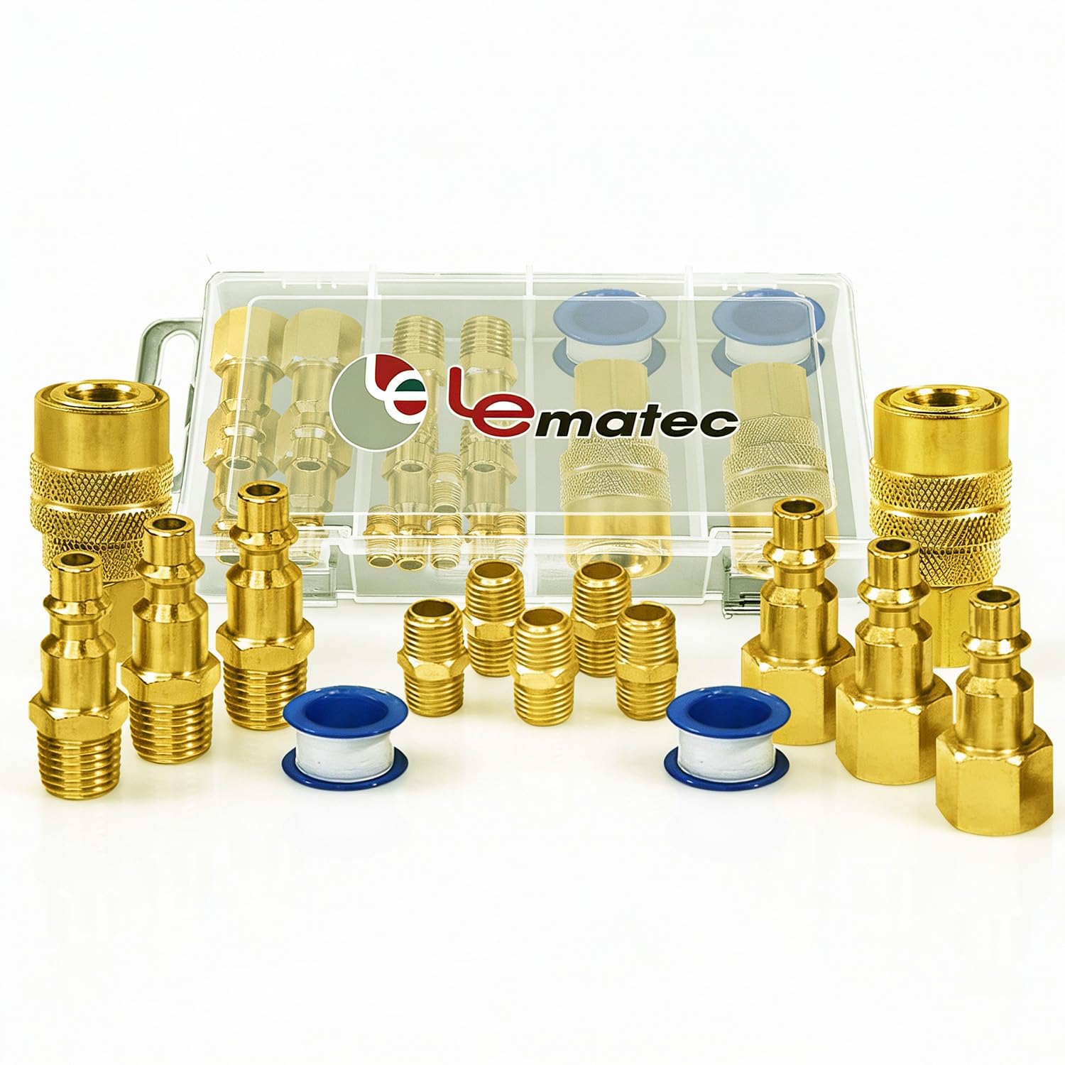 LE LEMATEC 15-Pc kit shown with case for versatile garage air fitting tasks.