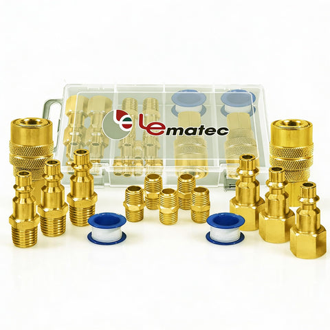 LE LEMATEC 15-Pc kit shown with case for versatile garage air fitting tasks.