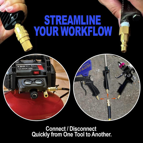 Quick-connect fittings demonstrate fast tool changes and reduced setup time.