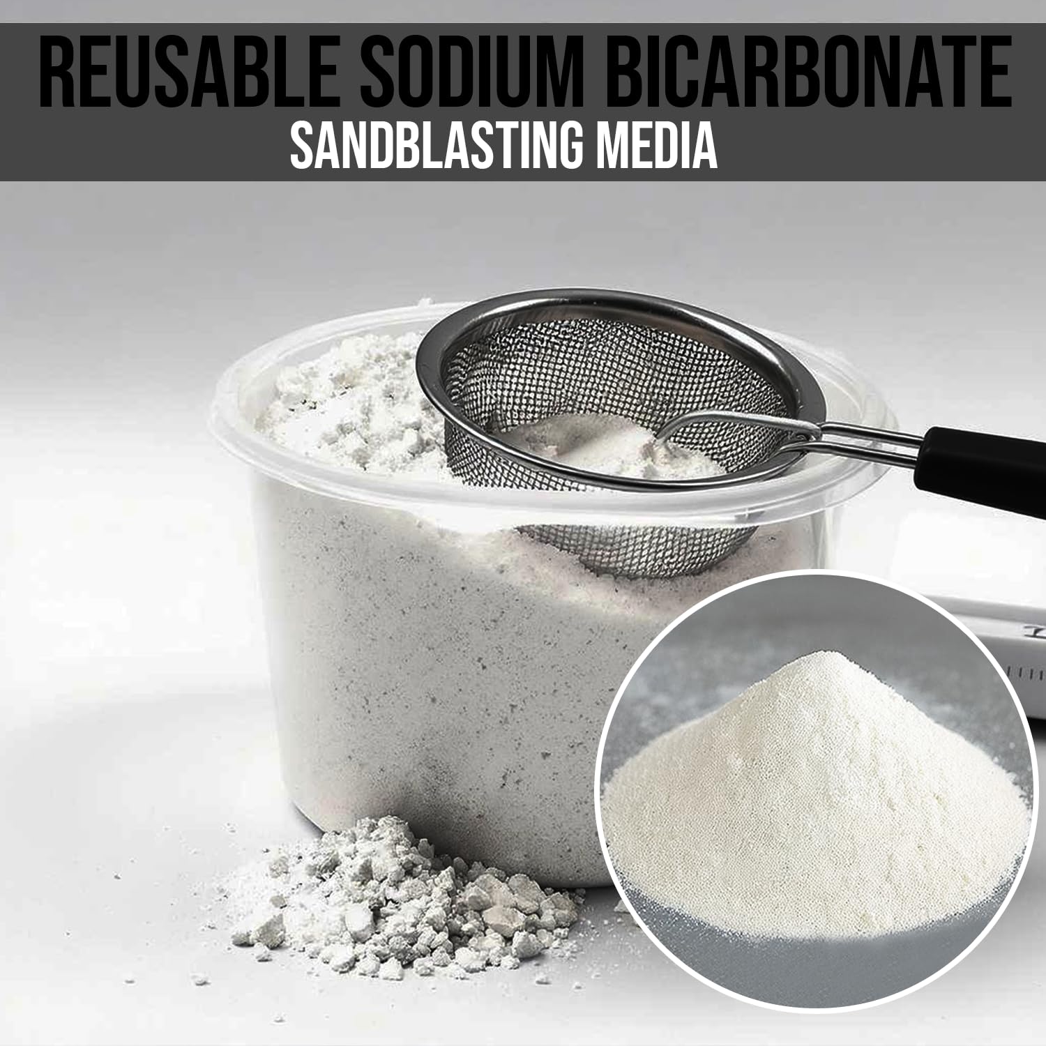 LE LEMATEC soda blasting media—compatible with many sandblaster systems for rust removal.
