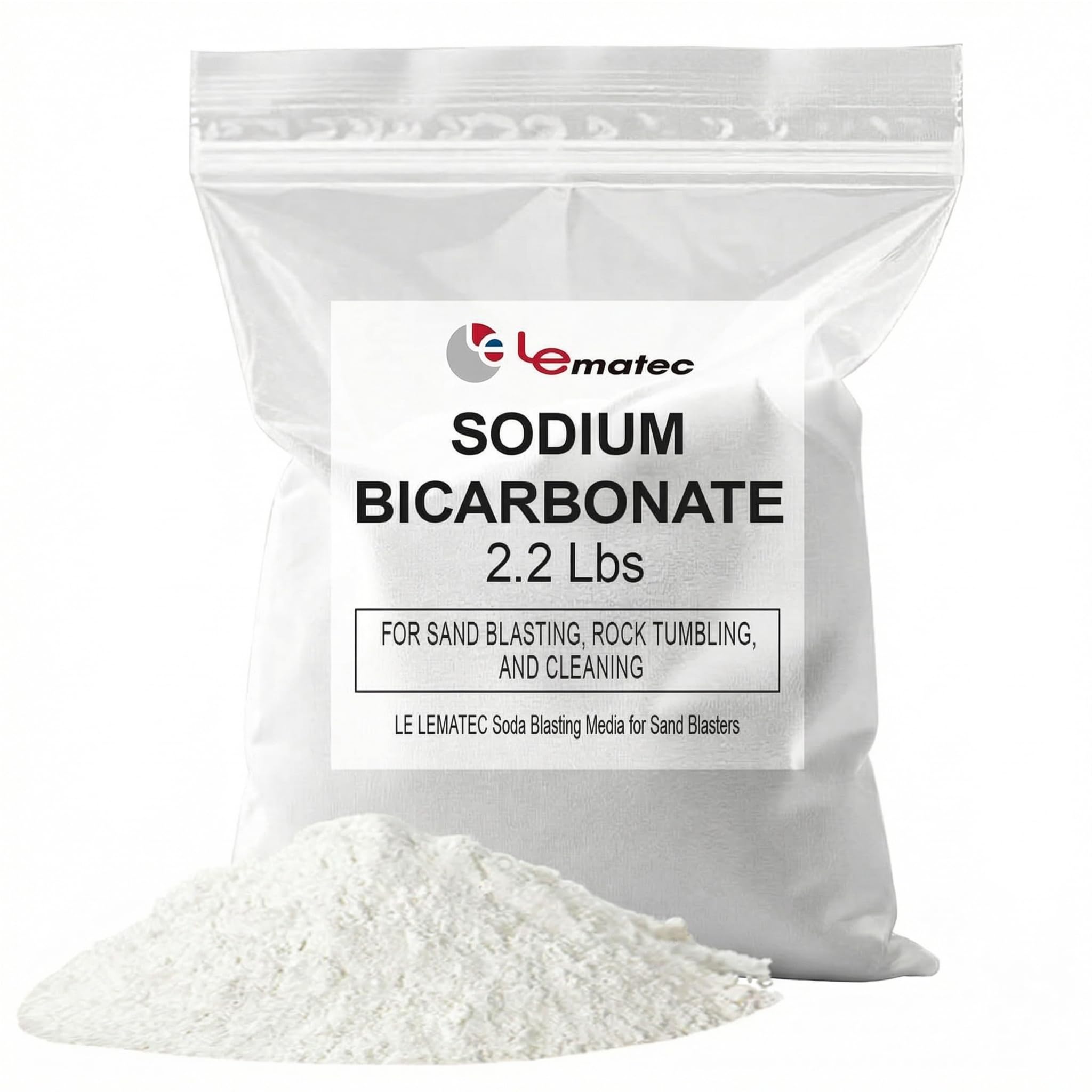 LE LEMATEC soda blasting media—precision milled particles for clog-free blasting.
