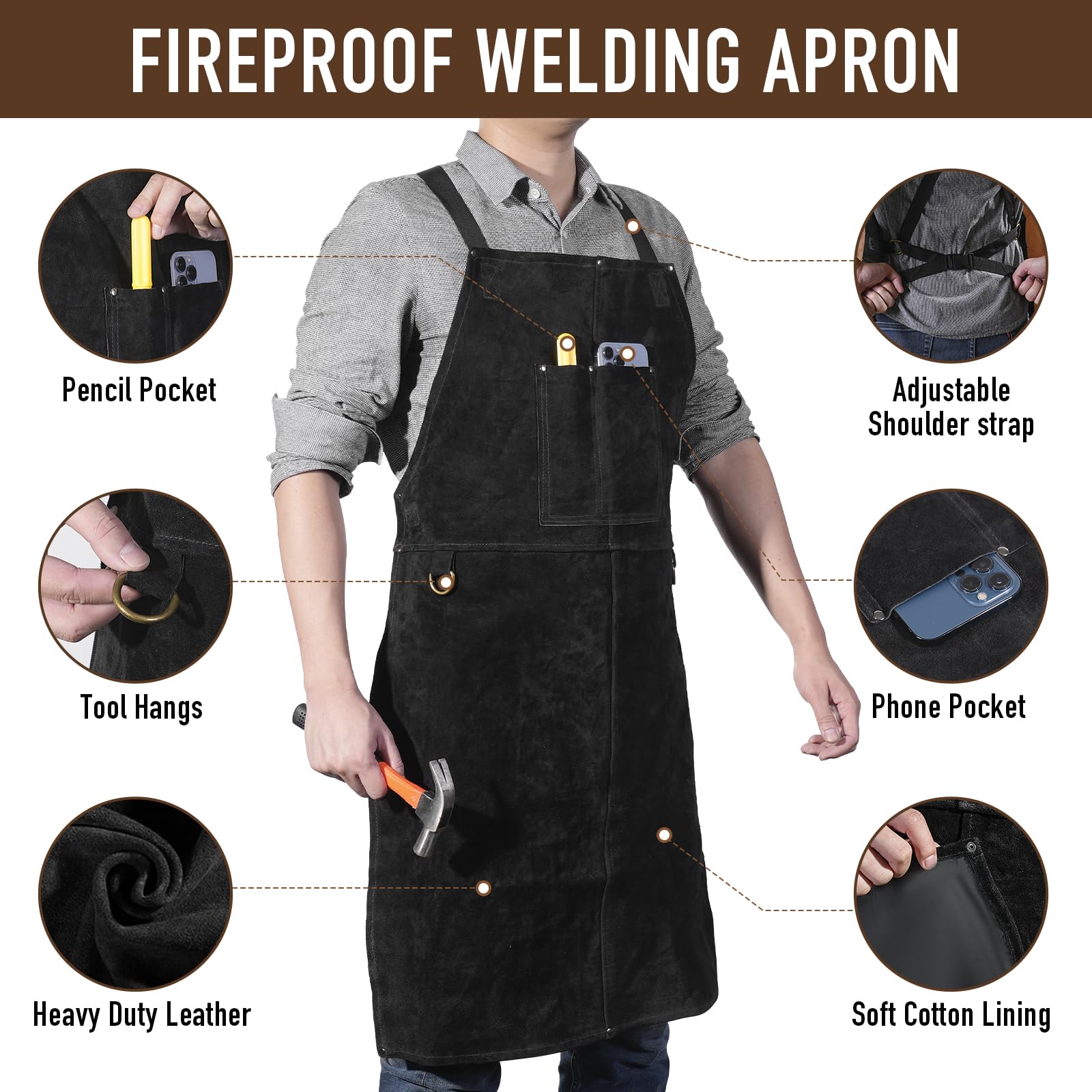 LeaSeek welding apron features double stitching on heat-resistant cowhide.
