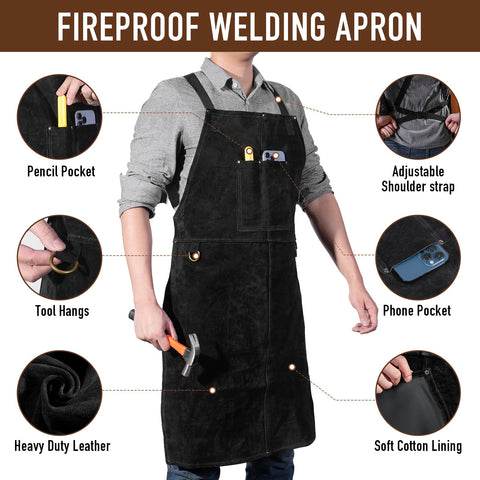 LeaSeek welding apron features double stitching on heat-resistant cowhide.