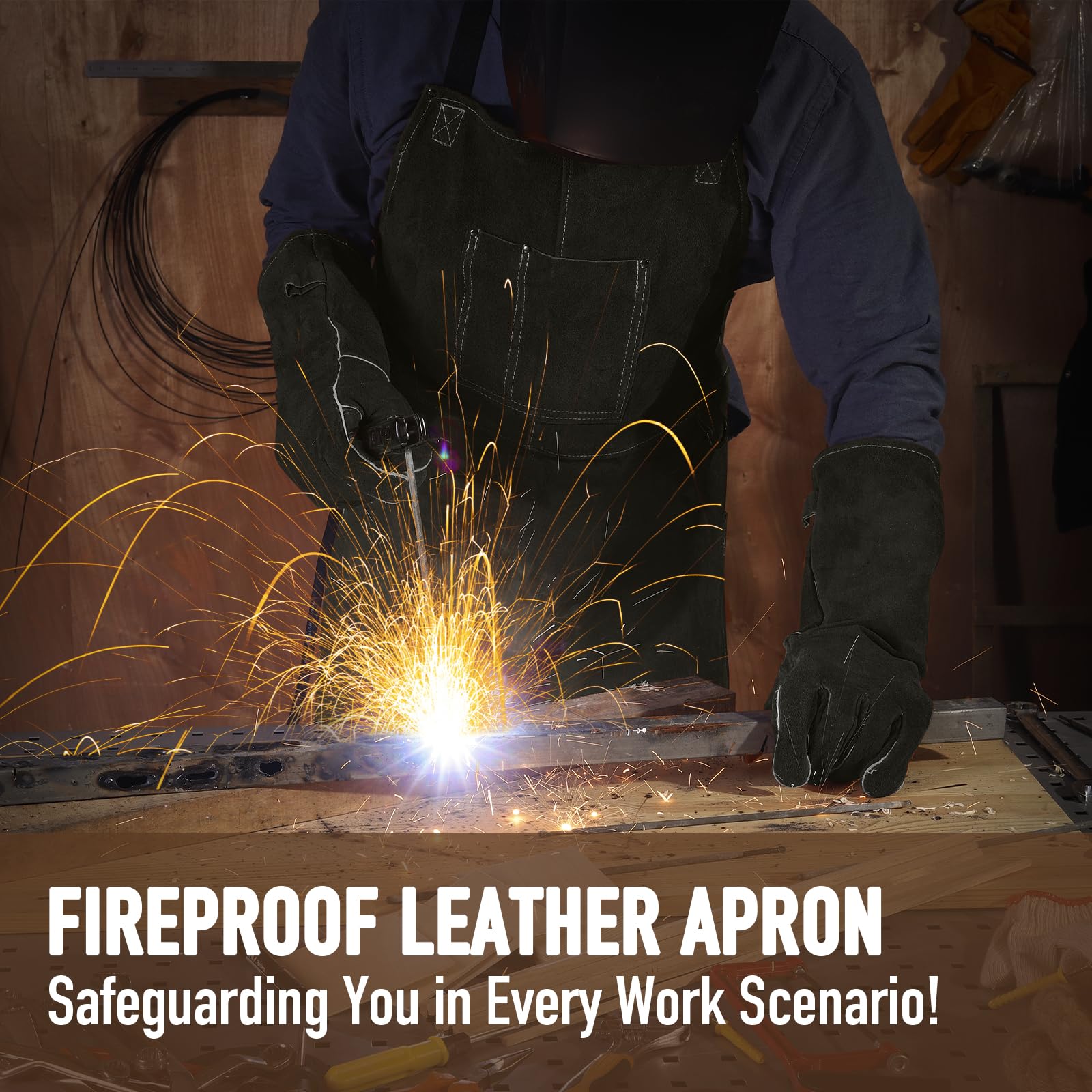 LeaSeek durable stitching protects against wear during metalwork.