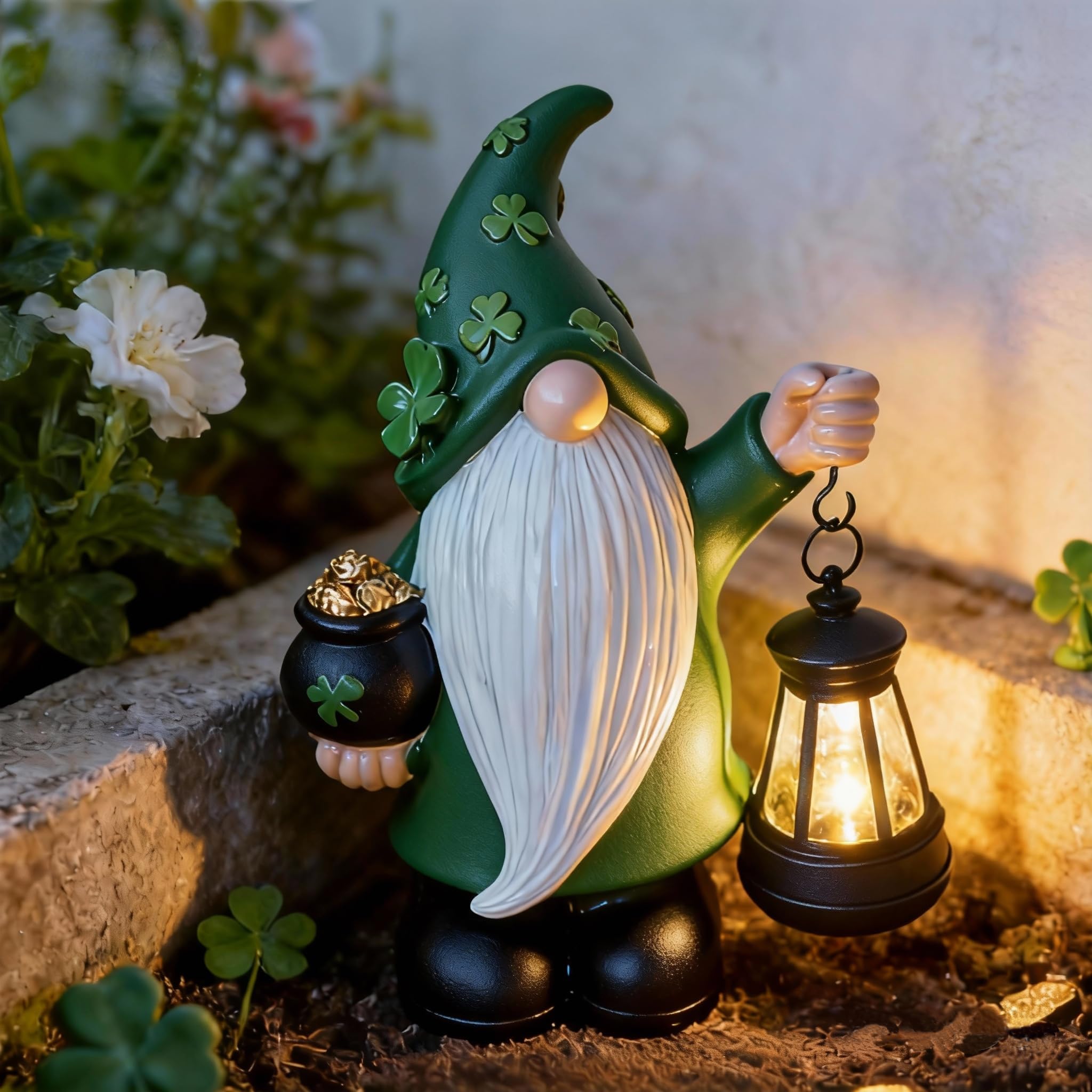 LEAESMHR St Patrick's Day gnome lantern glows at dusk for garden charm