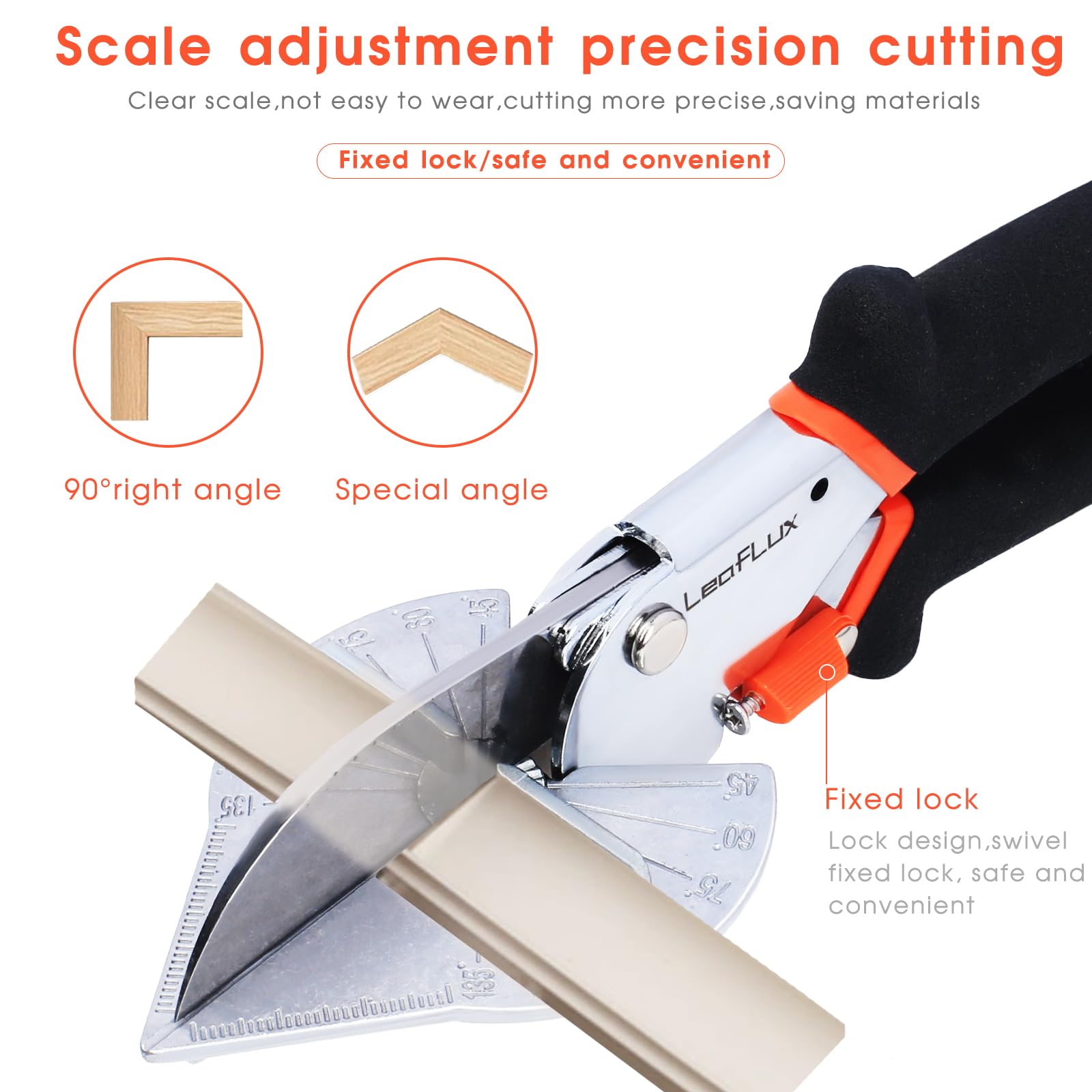 LeafLux miter shears angle slider highlights adjustable 45–135 degrees for versatile trimming