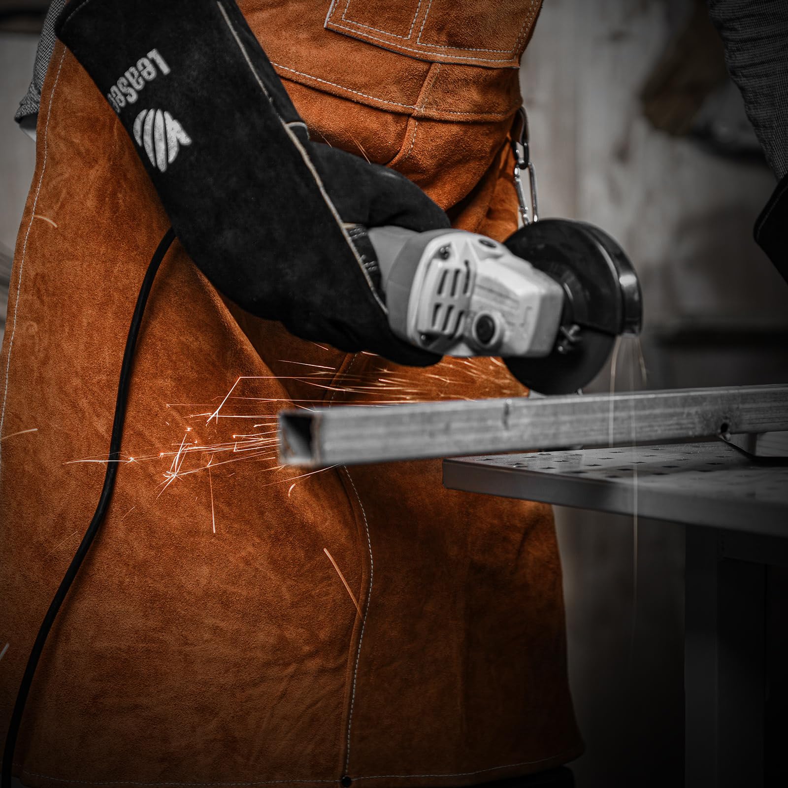 LeaSeek leather welding apron in a multi-use setup for various trades