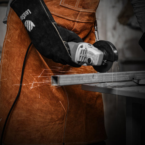 LeaSeek leather welding apron in a multi-use setup for various trades