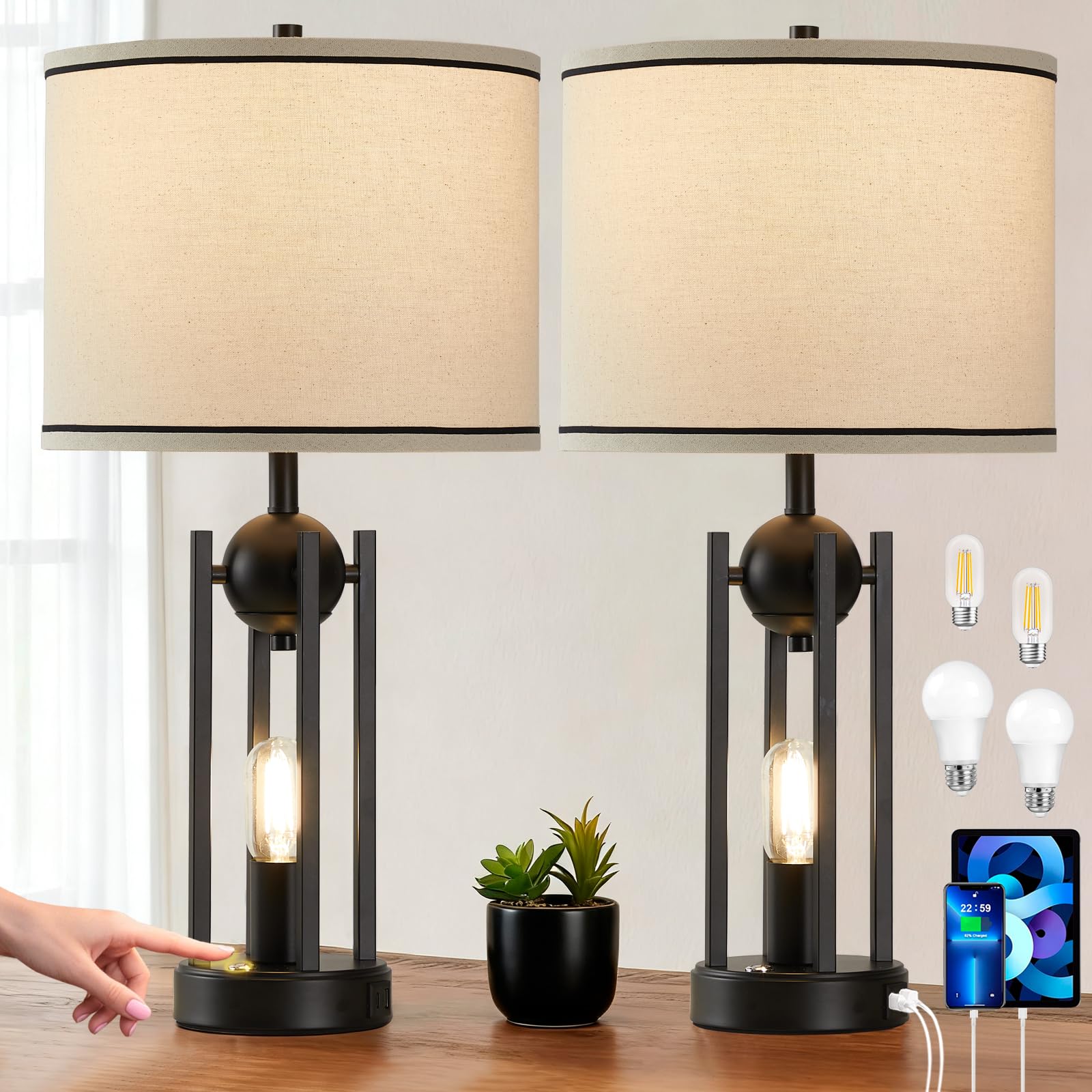 Leasgy 25-inch farmhouse lamp set with USB ports for device charging.