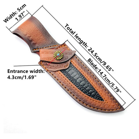 Dimensions of Leather Knife Sheath showing total length and blade compartment.