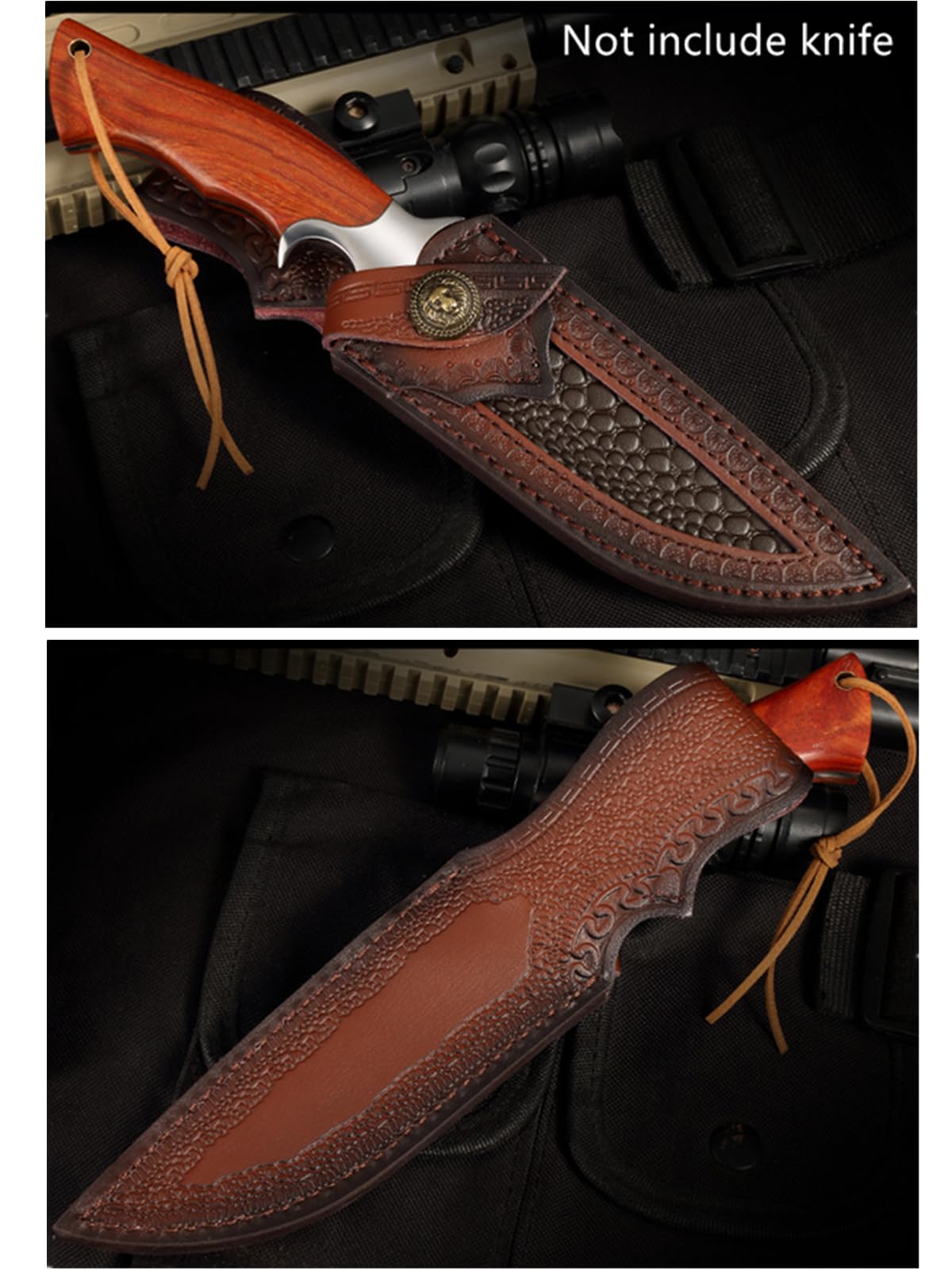 Leather Knife Sheath highlighting embossed sunburst concho detail for style.