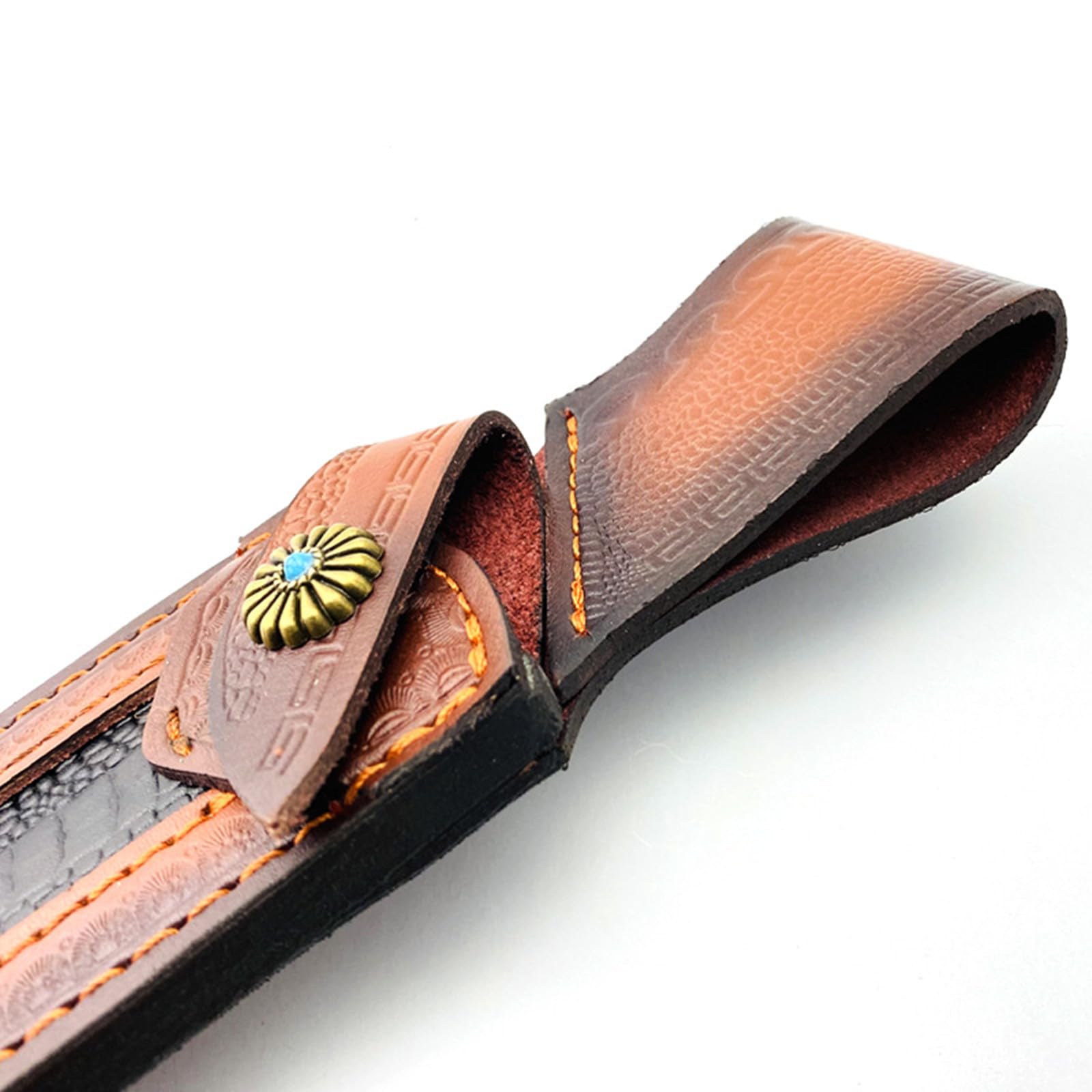 Two-tone brown and black leather sheath suited for camping and tactical setups.