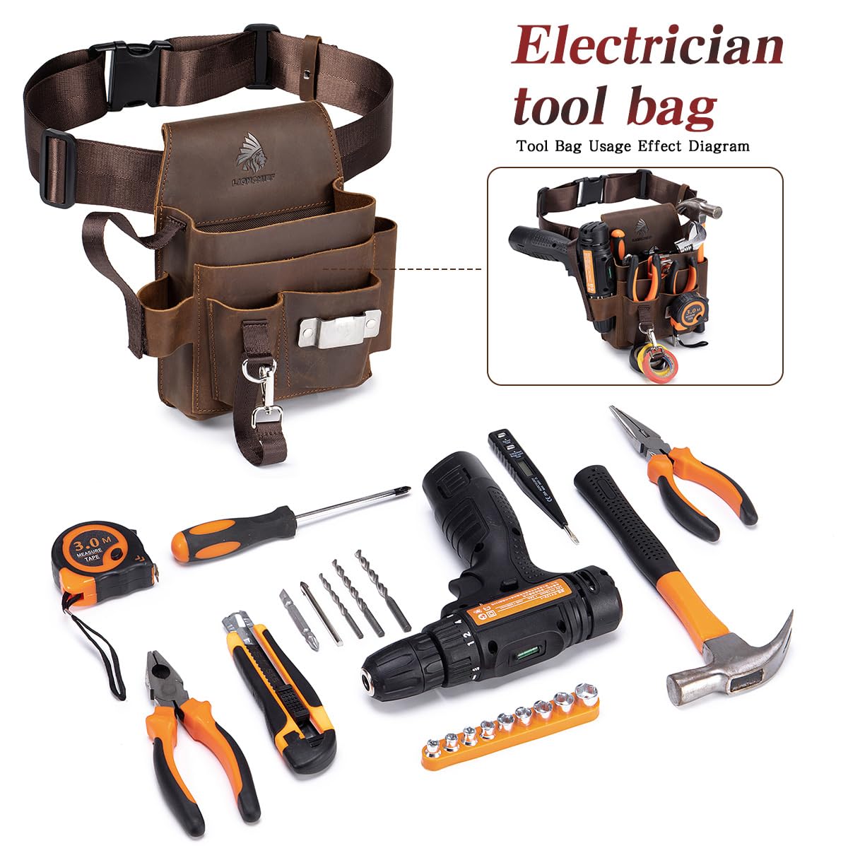 Leather Tool Pouch Electrician Brown adjustable strap adapts to different waist sizes