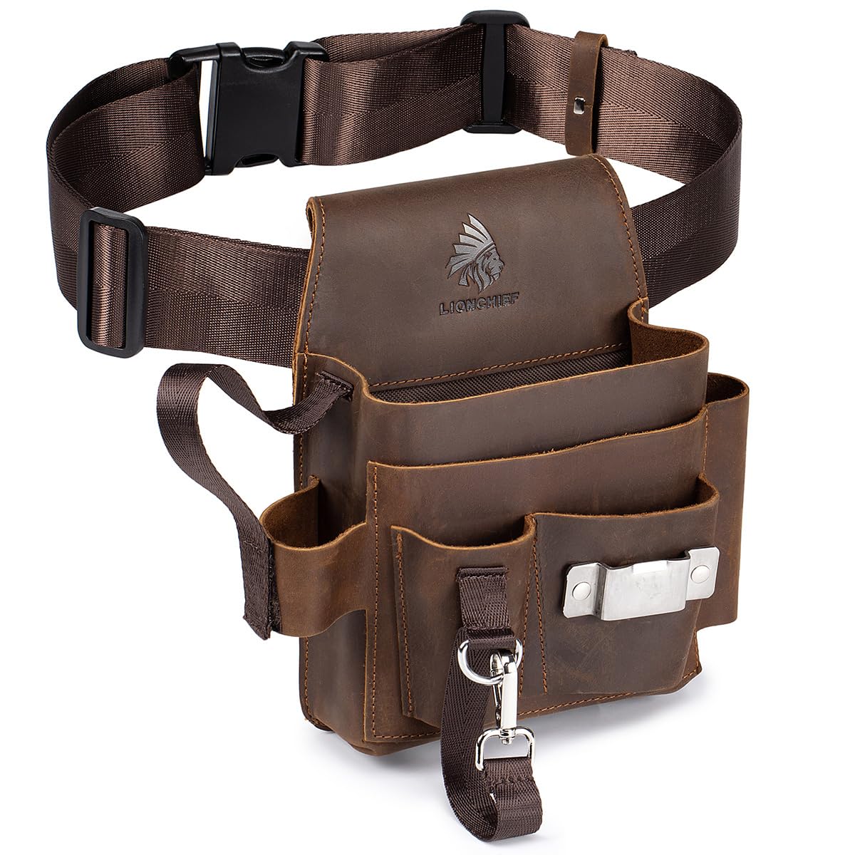 Leather Tool Pouch Electrician Brown front view showing rugged construction for on-site use
