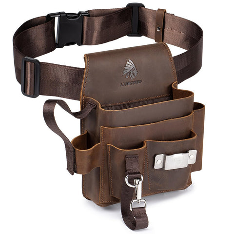 Leather Tool Pouch Electrician Brown front view showing rugged construction for on-site use