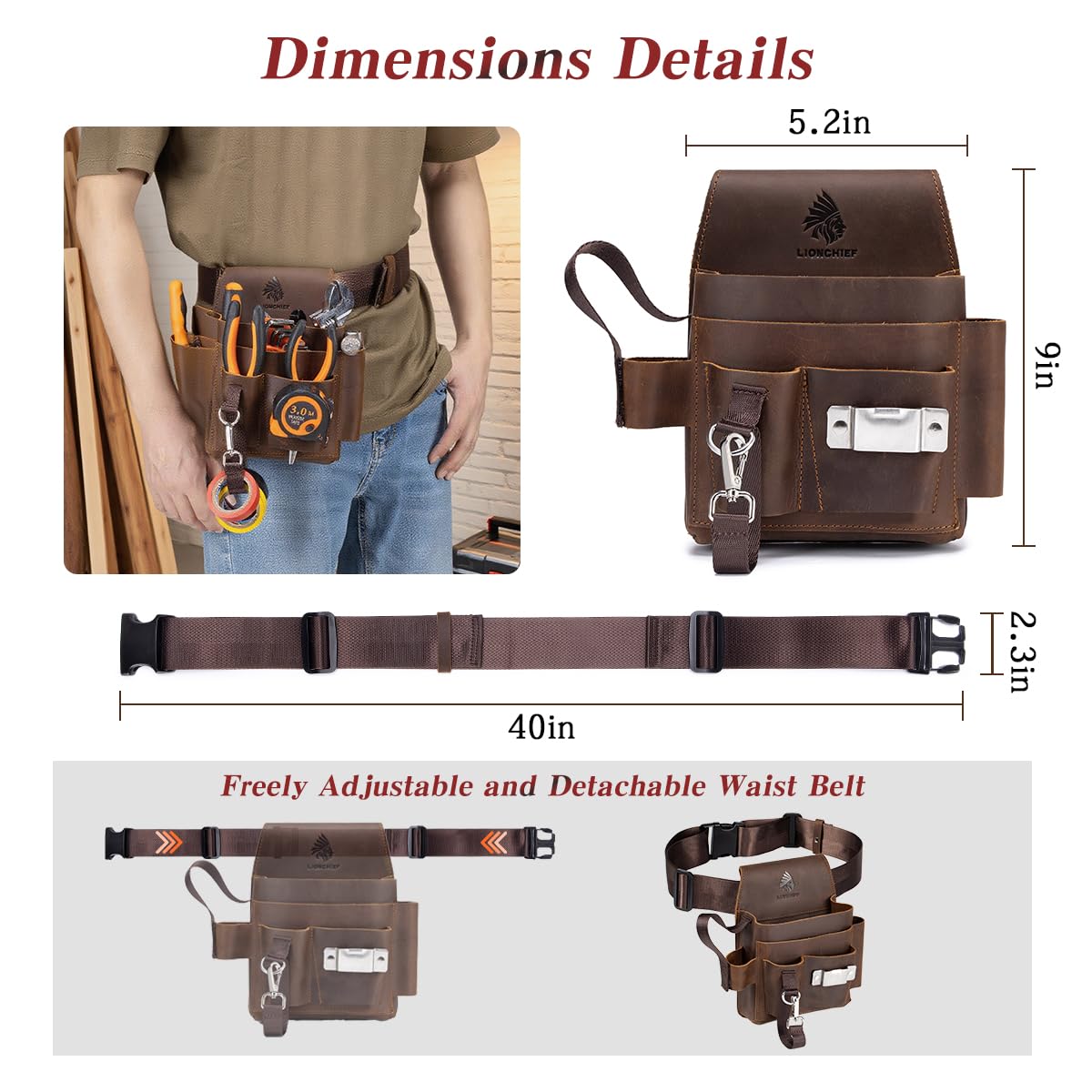 Leather Tool Pouch Electrician Brown open pockets demonstrating 12-pocket organization