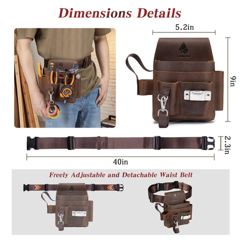 Leather Tool Pouch Electrician Brown open pockets demonstrating 12-pocket organization