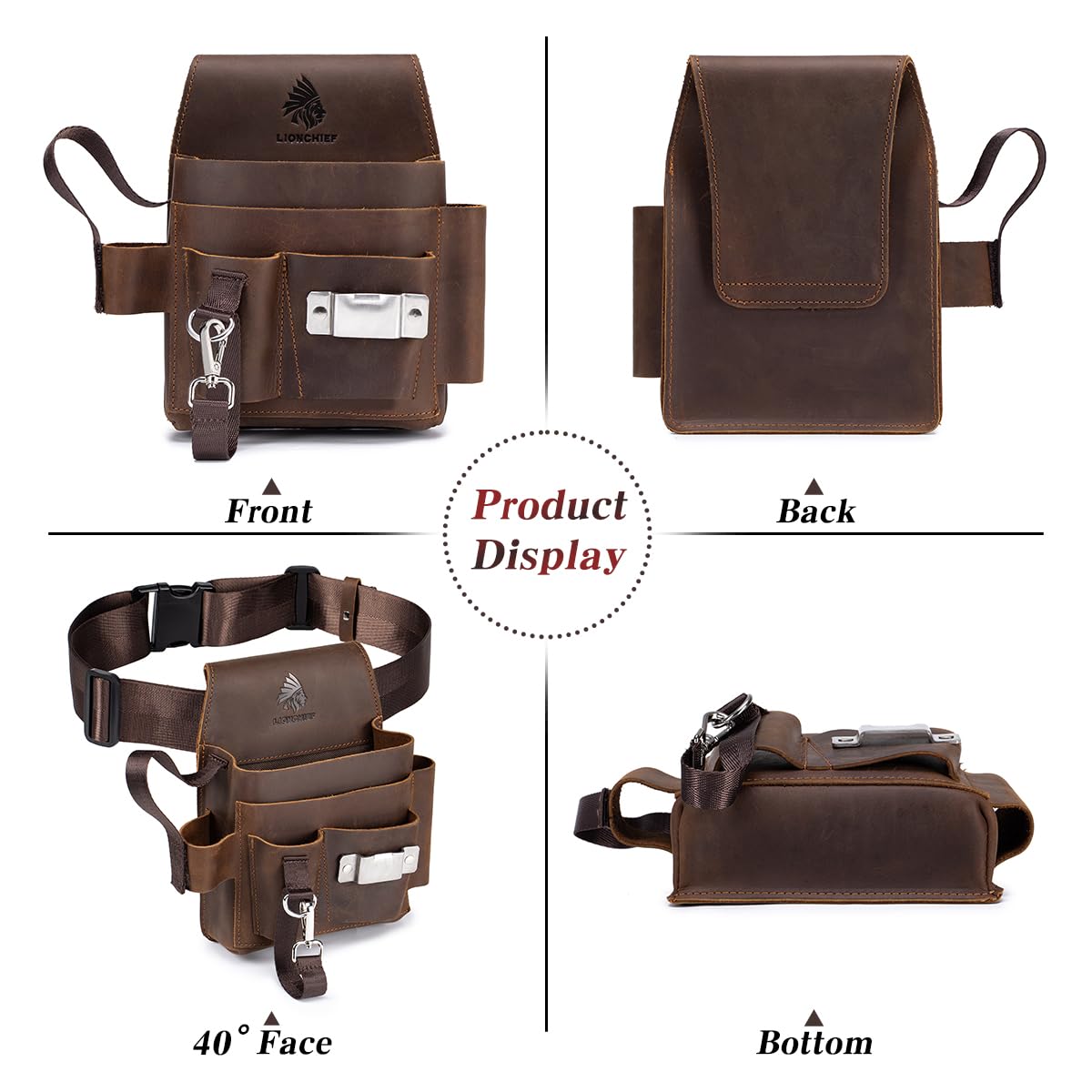 Leather Tool Pouch Electrician Brown side view highlighting adjustable strap for a custom fit