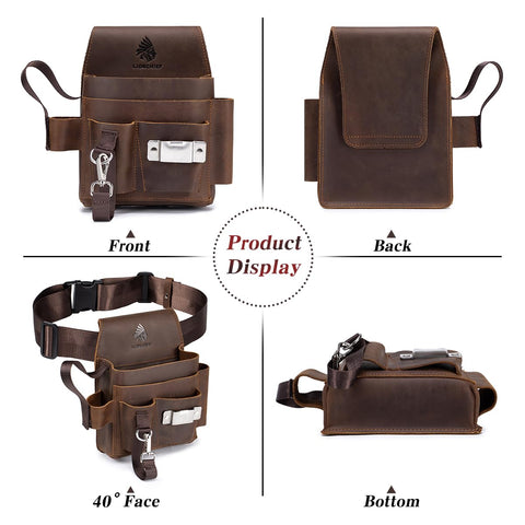 Leather Tool Pouch Electrician Brown side view highlighting adjustable strap for a custom fit