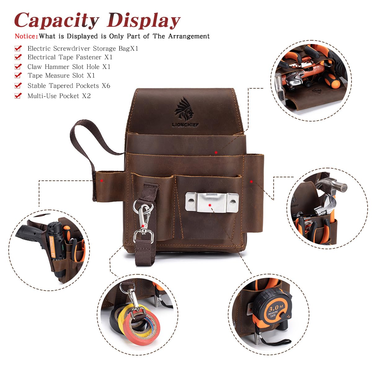 Leather Tool Pouch Electrician Brown tape clip emphasizing dedicated tape measure attachment