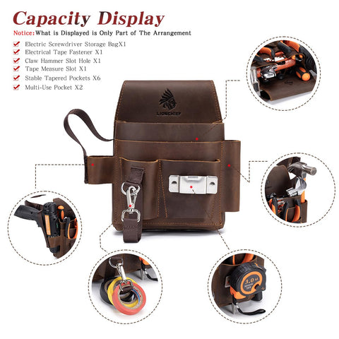 Leather Tool Pouch Electrician Brown tape clip emphasizing dedicated tape measure attachment