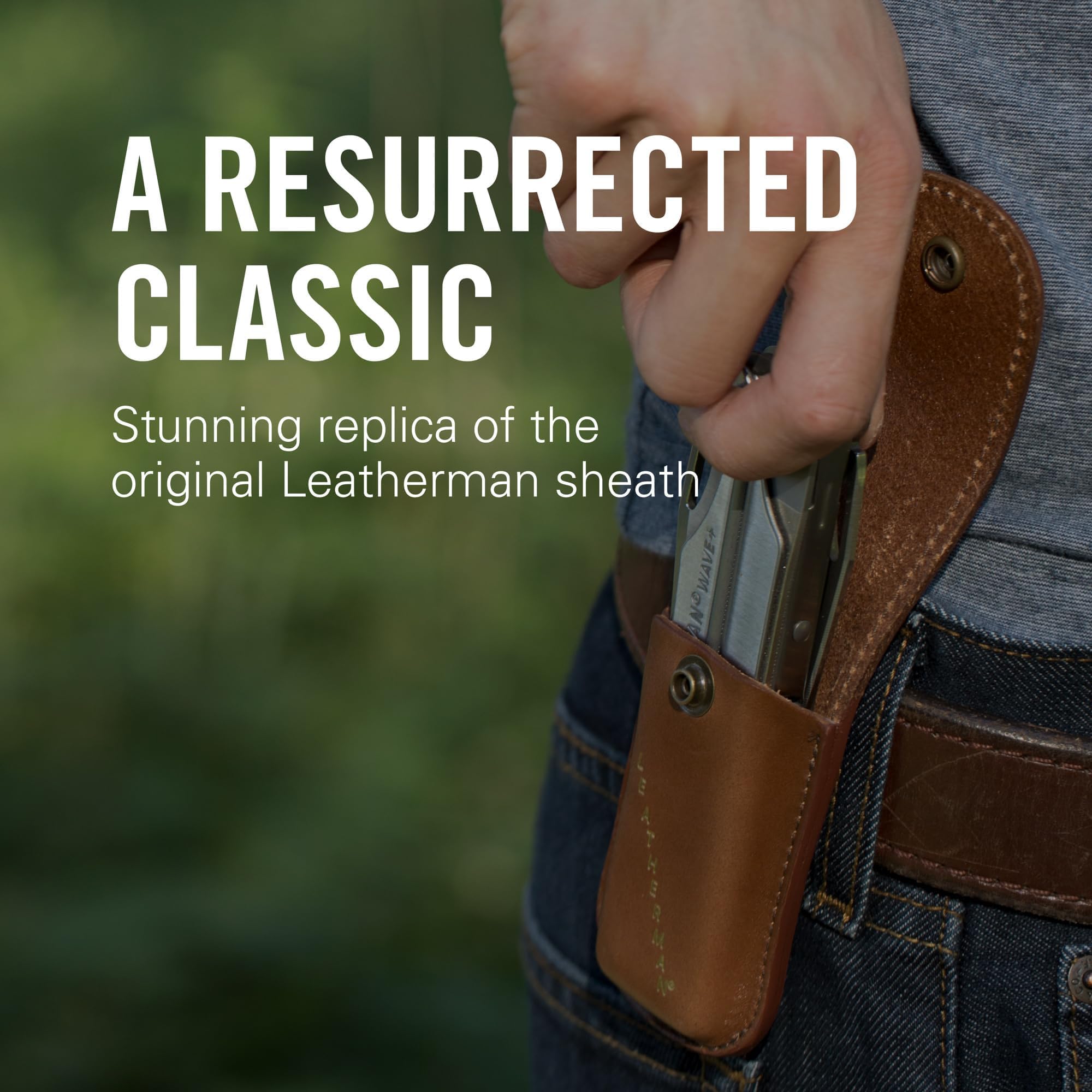 Heritage Leatherman sheath on belt showing secure fit for mid-size tools