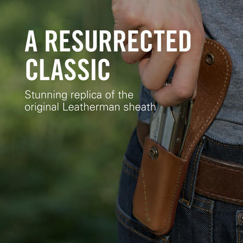 Heritage Leatherman sheath on belt showing secure fit for mid-size tools