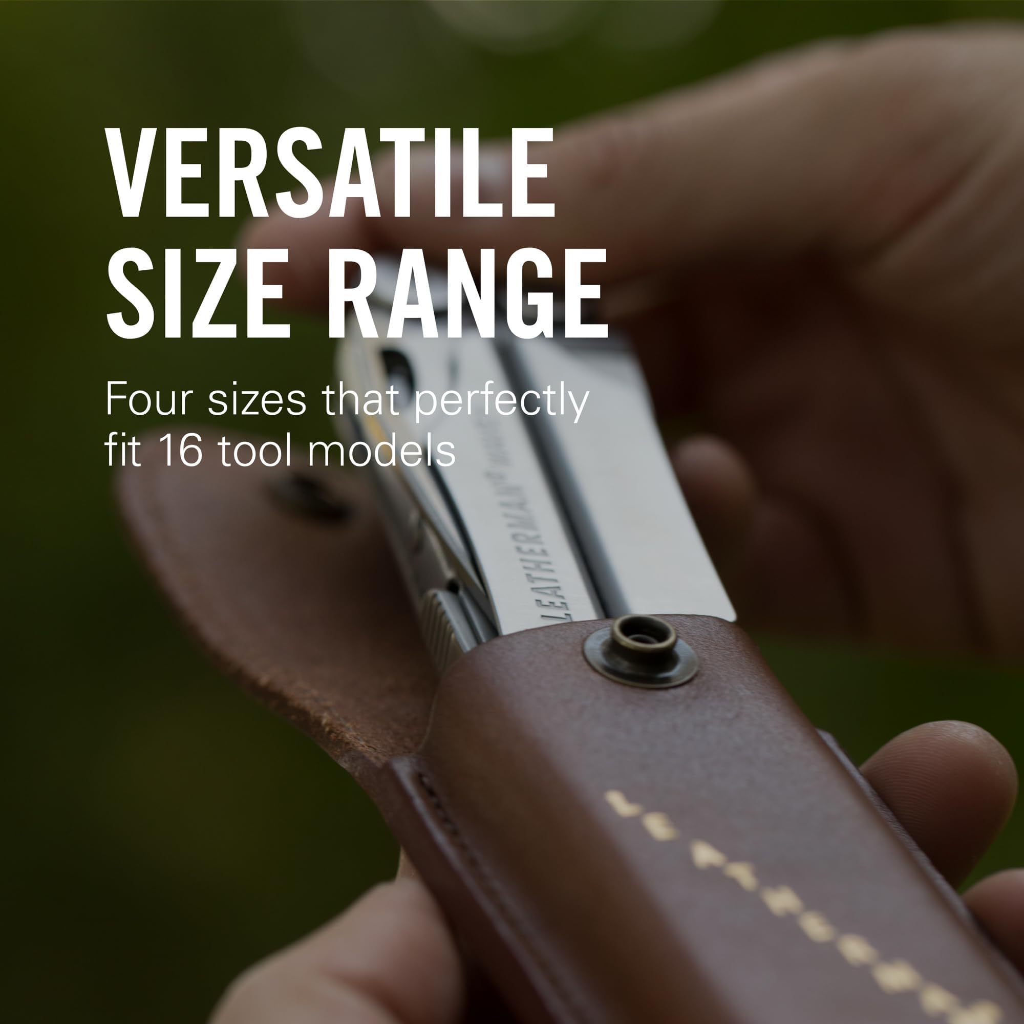 Heritage Leatherman sheath close-up of reinforced stitching along the brown leather edge