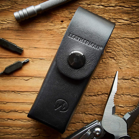 Durable leather ages gracefully while protecting your multi-tool.