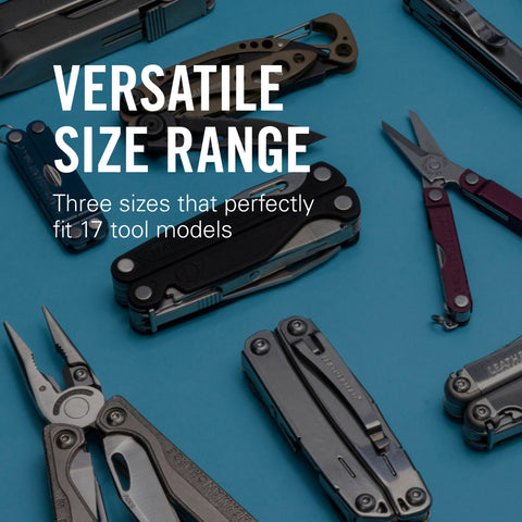 LEATHERMAN sheath features metal rivet snap for secure tool retention.