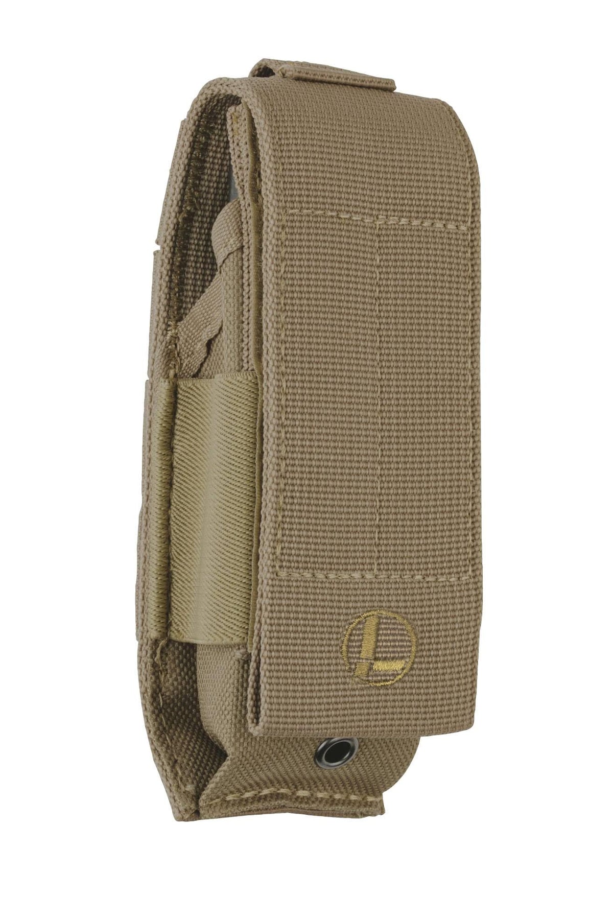 Leatherman MOLLE sheath in brown highlights its main compartment for tools, on the go