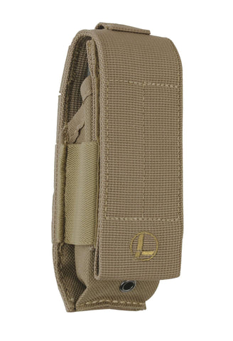 Leatherman MOLLE sheath in brown highlights its main compartment for tools, on the go