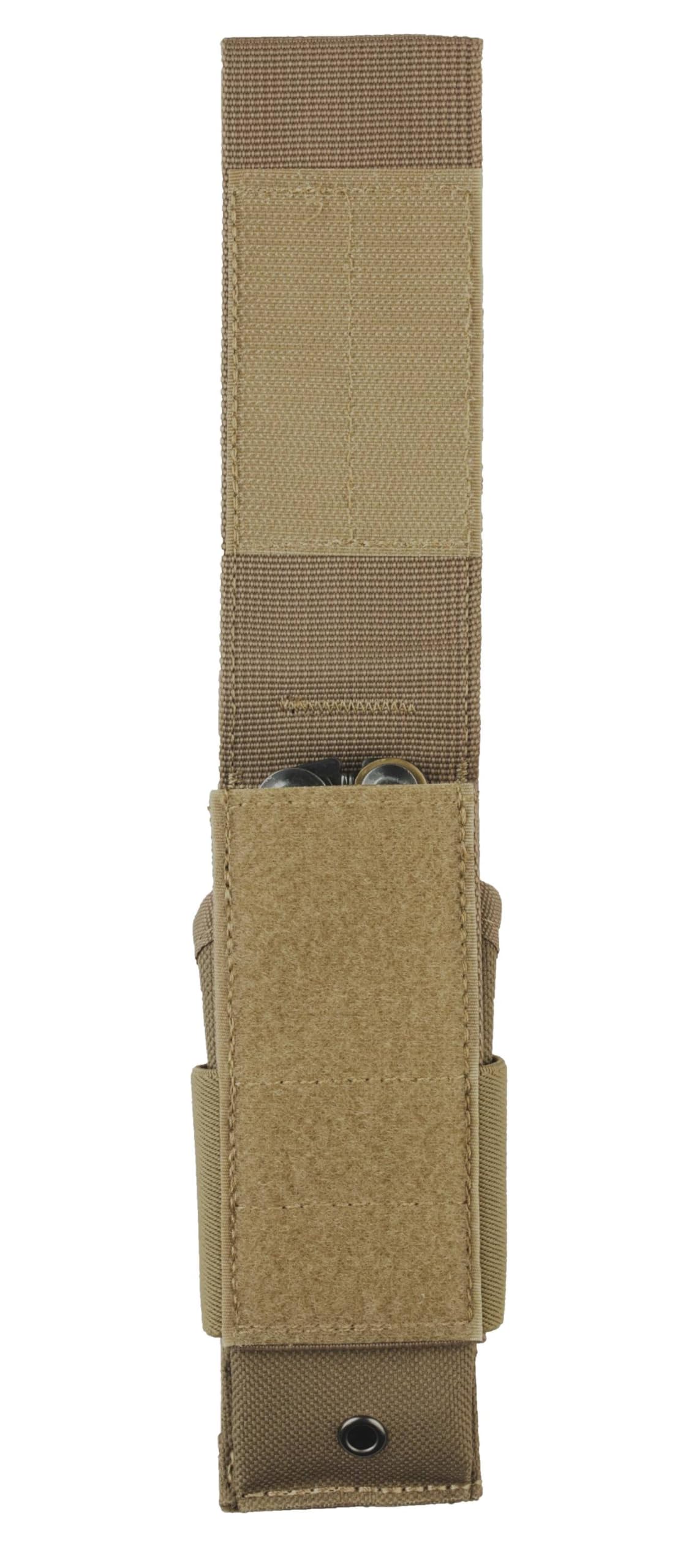 Leatherman brown MOLLE sheath demonstrates secure hook-and-loop closure for tool protection