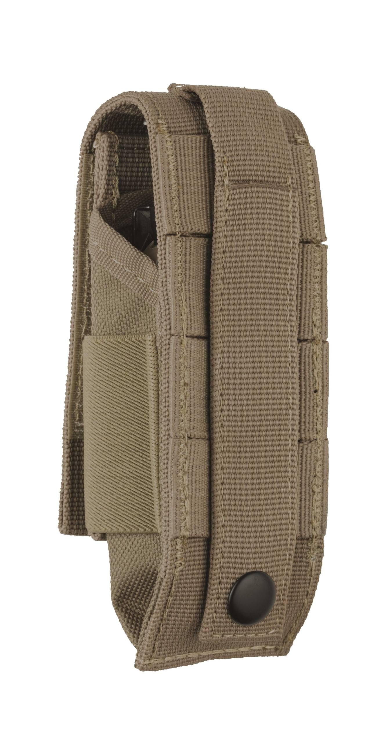 Leatherman MOLLE sheath brown shows three elastic pockets for quick access