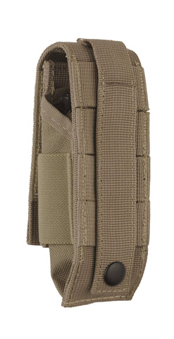 Leatherman MOLLE sheath brown shows three elastic pockets for quick access