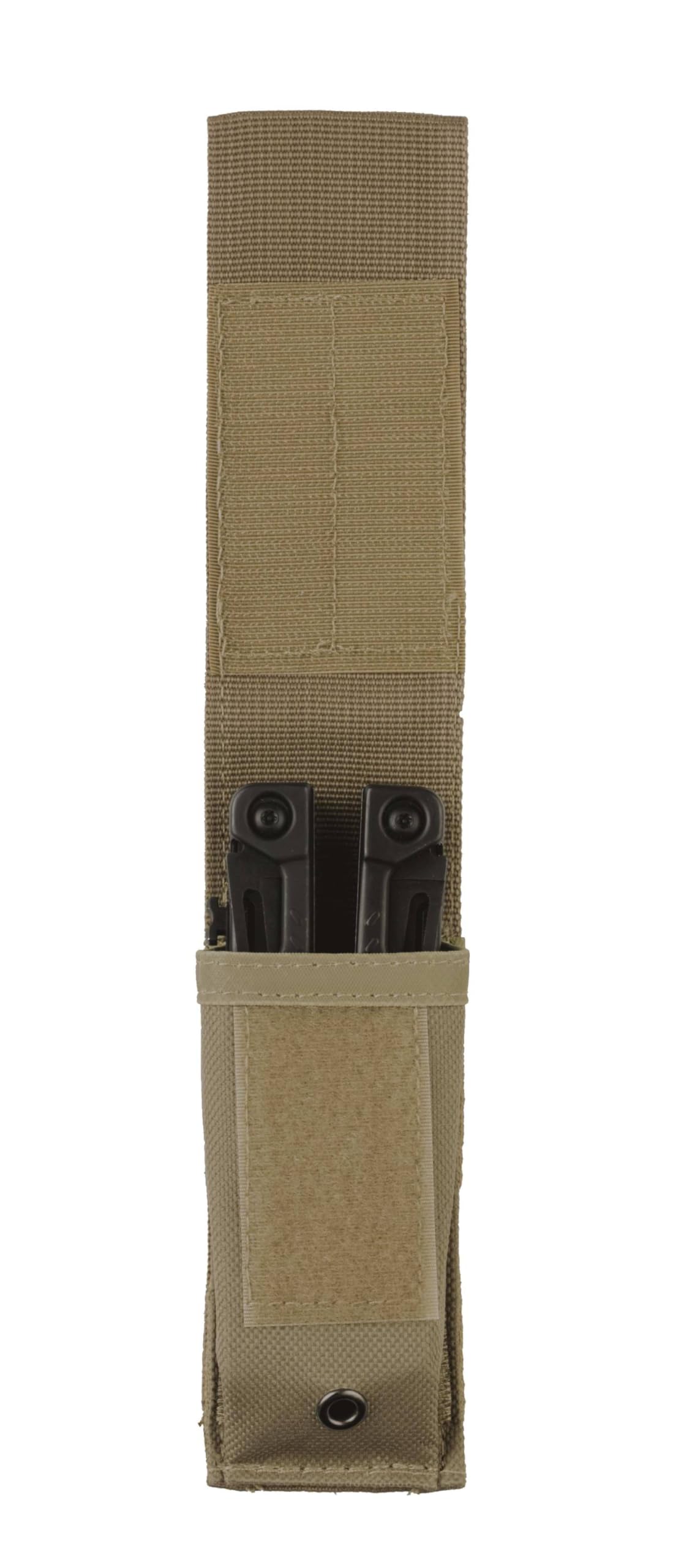 LEATHERMAN MOLLE sheath attached to gear for rugged outdoor versatility.