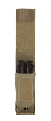 LEATHERMAN MOLLE sheath attached to gear for rugged outdoor versatility.