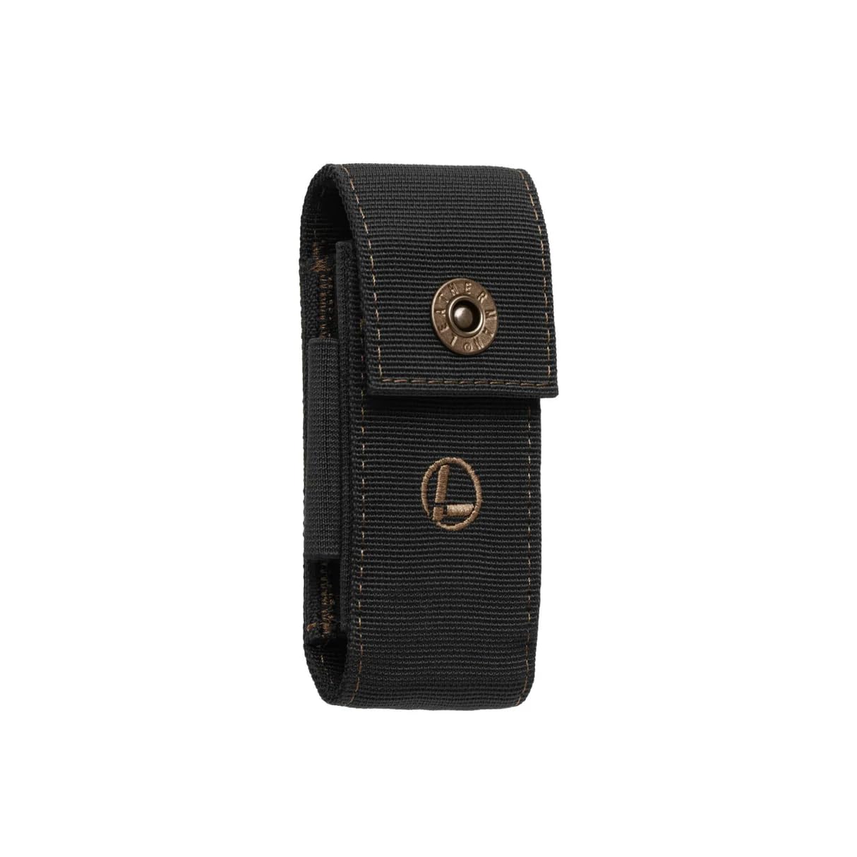 Leatherman nylon sheath in black with bronze stitching protects your tool on the go