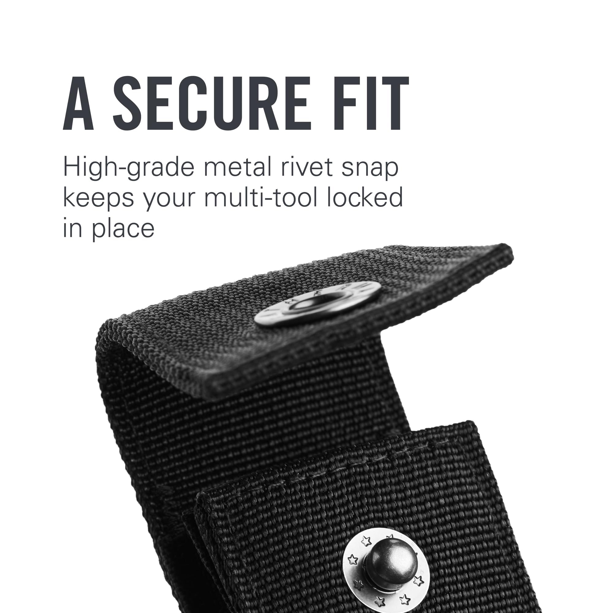 LEATHERMAN sheath uses a high-grade rivet snap to secure tools.