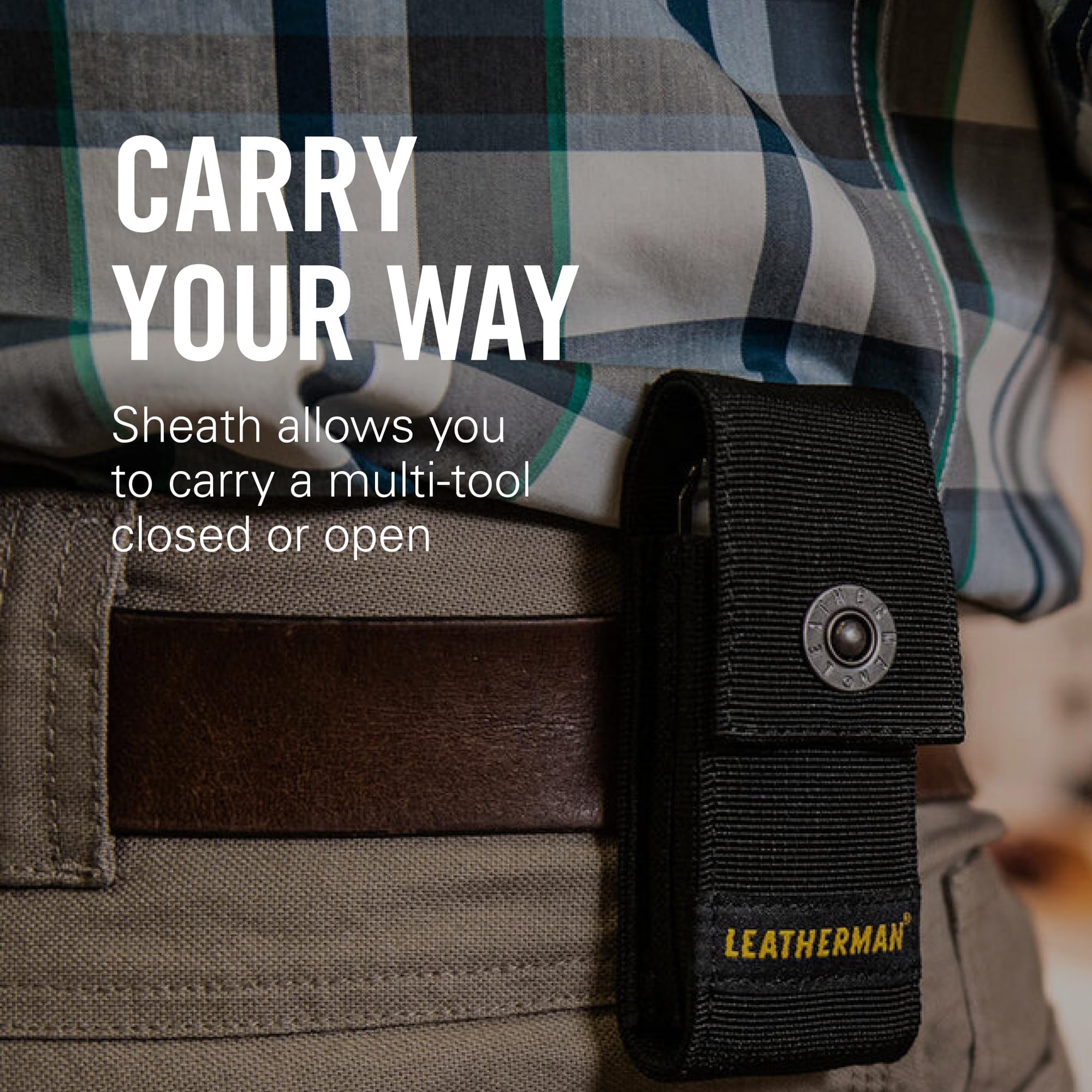 LEATHERMAN sheath features reinforced stitching for lasting durability.