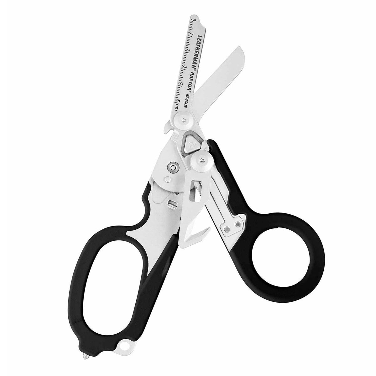 Leatherman Raptor Rescue shears in hand for rapid cutting in emergencies