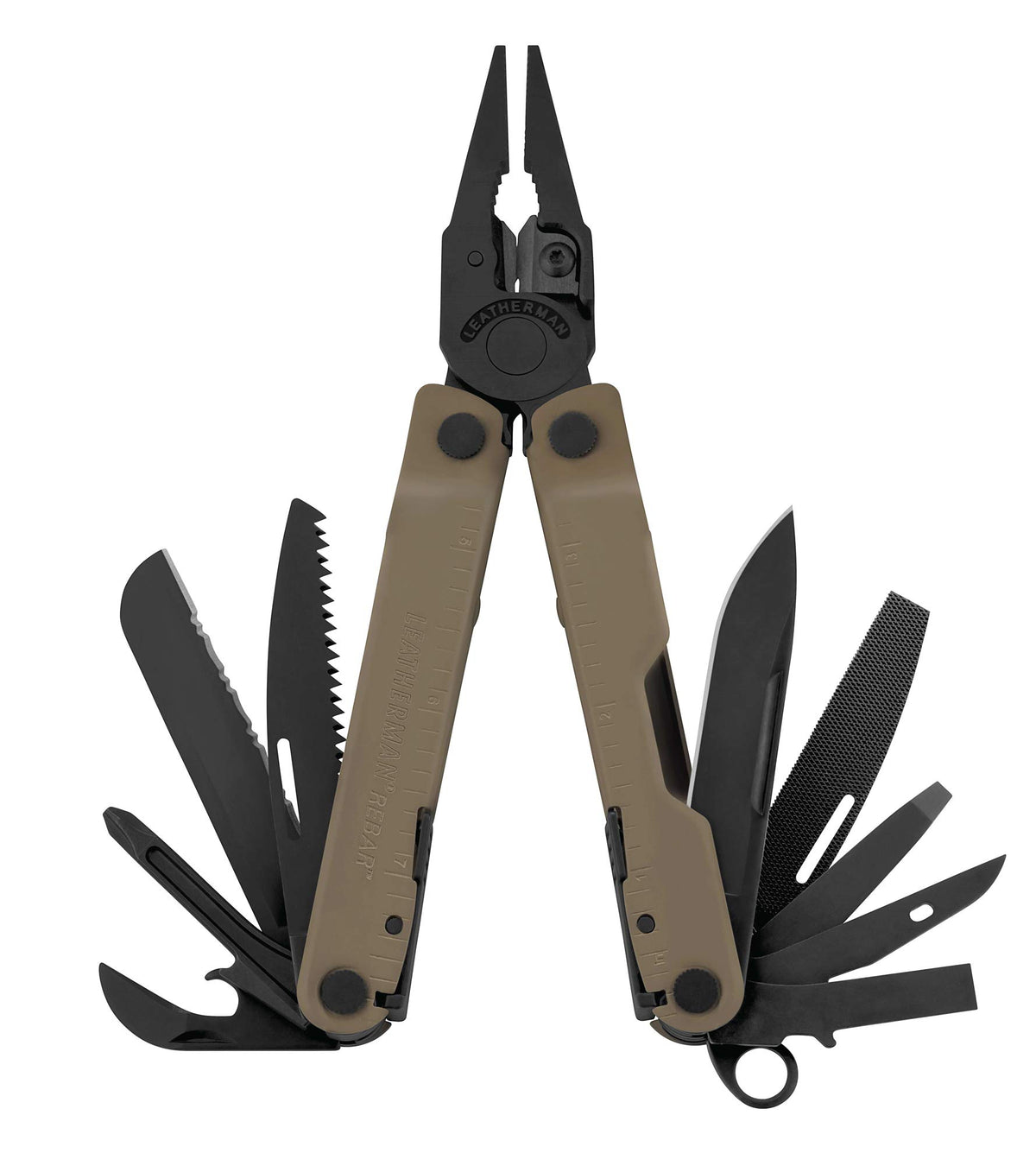 Leatherman Rebar in coyote tan front view shows all-locking tools for everyday carry.