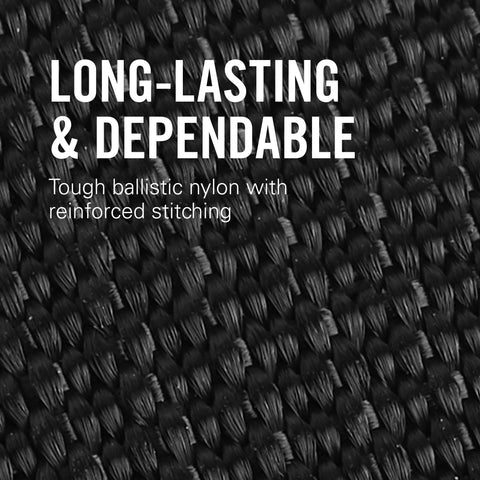 LEATHERMAN sheath with reinforced stitching and snap closure for rugged reliability.
