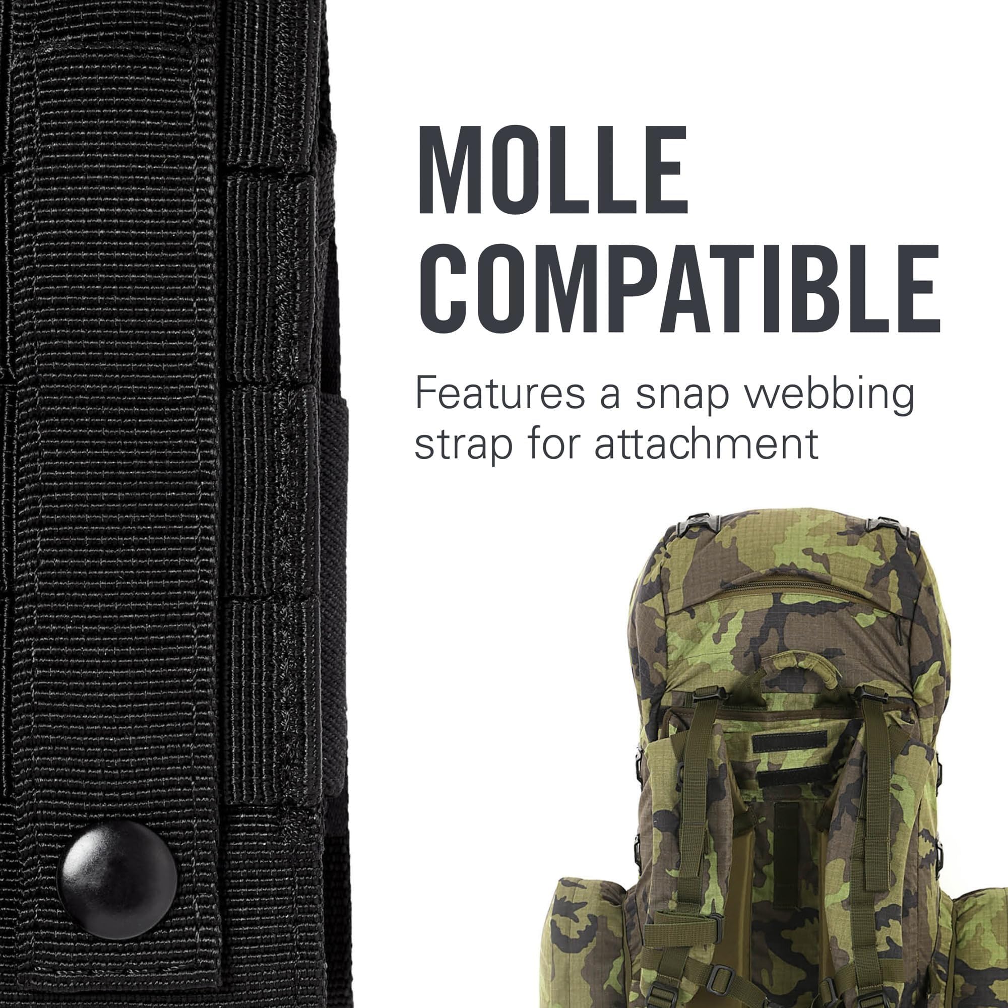Leatherman sheath with MOLLE attachment snap strap for versatile gear.