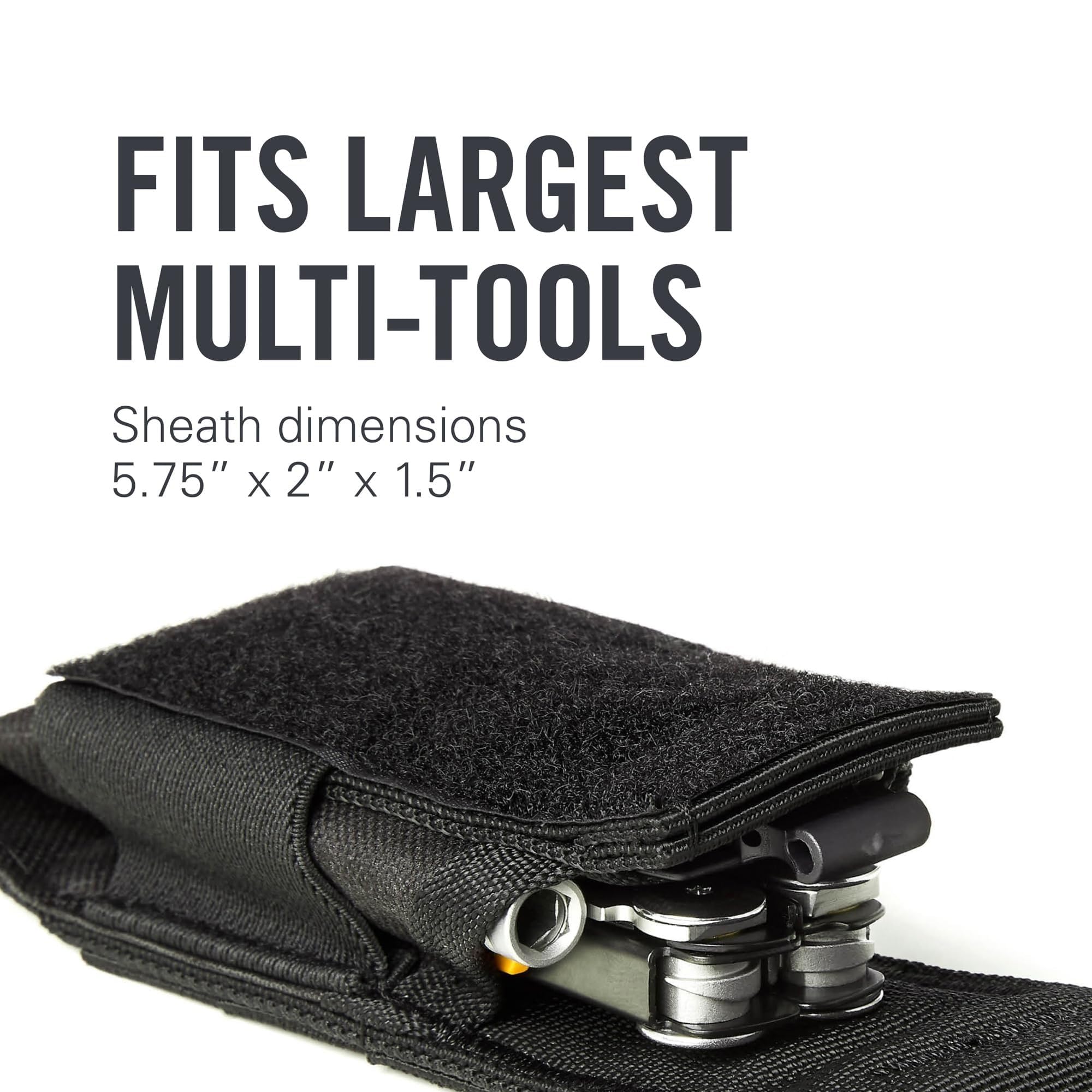 Leatherman sheath secure hook-and-loop closure protects contents.